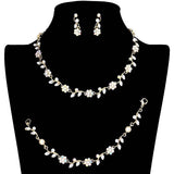 3PCS Flower Leaf Cluster Rhinestone Necklace Jewelry Set - Madeline Love - Flyclothing LLC