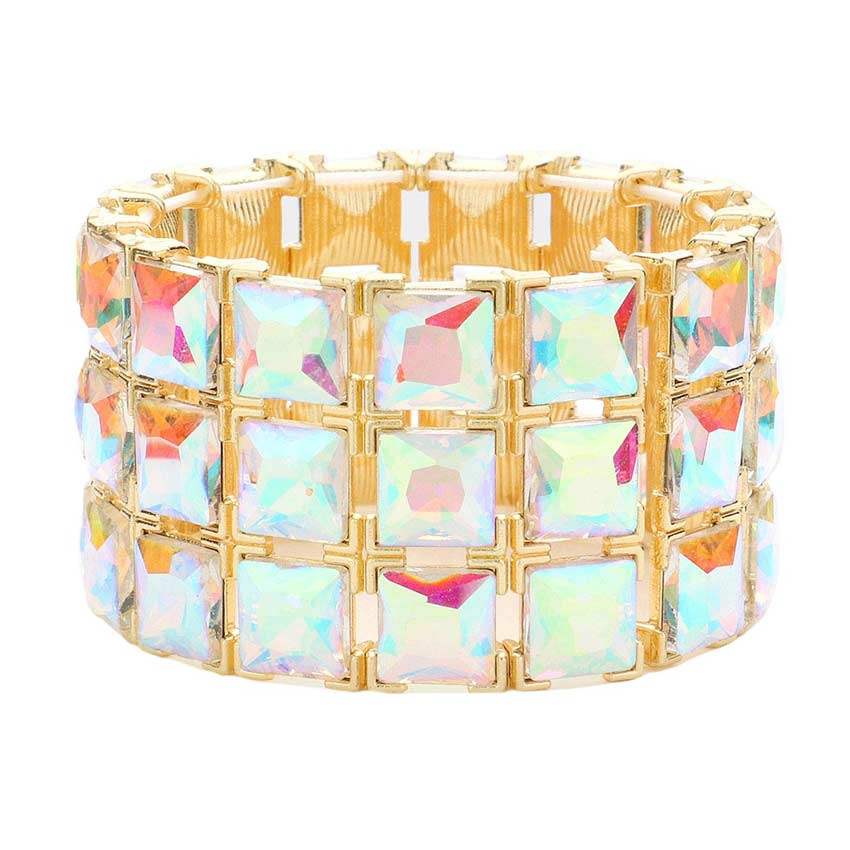 3Rows Square Stone Stretch Evening Bracelet - Madeline Love - Flyclothing LLC