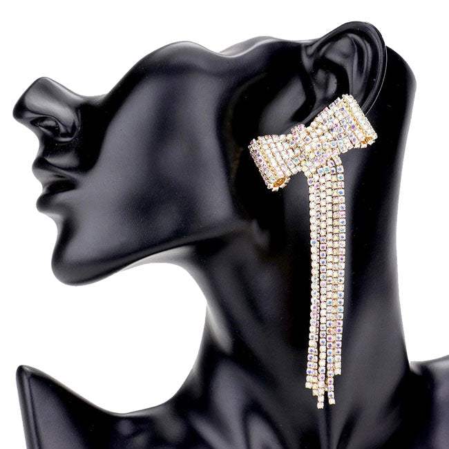 Bow Accented Rhinestone Long Drop Evening Earrings - Madeline Love - Flyclothing LLC