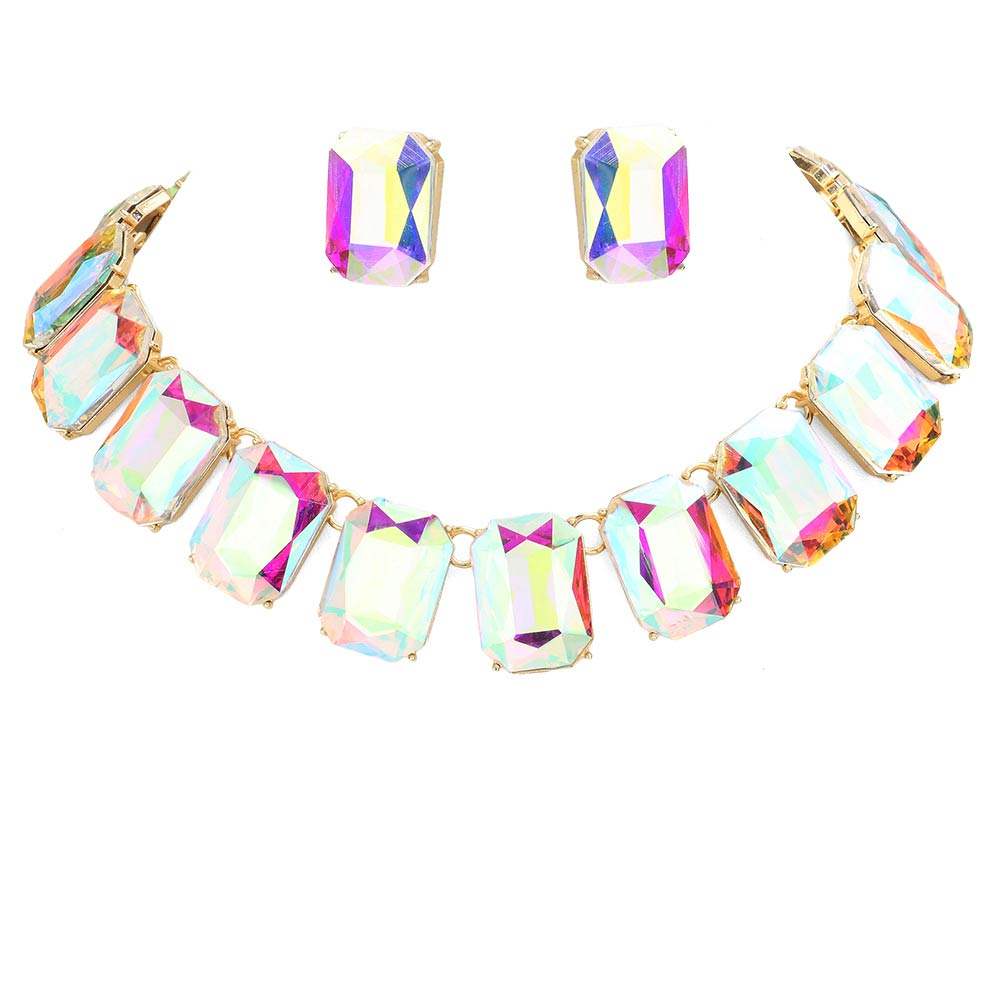 Emerald Cut Stone Link Evening Necklace Earring Set - Madeline Love - Flyclothing LLC