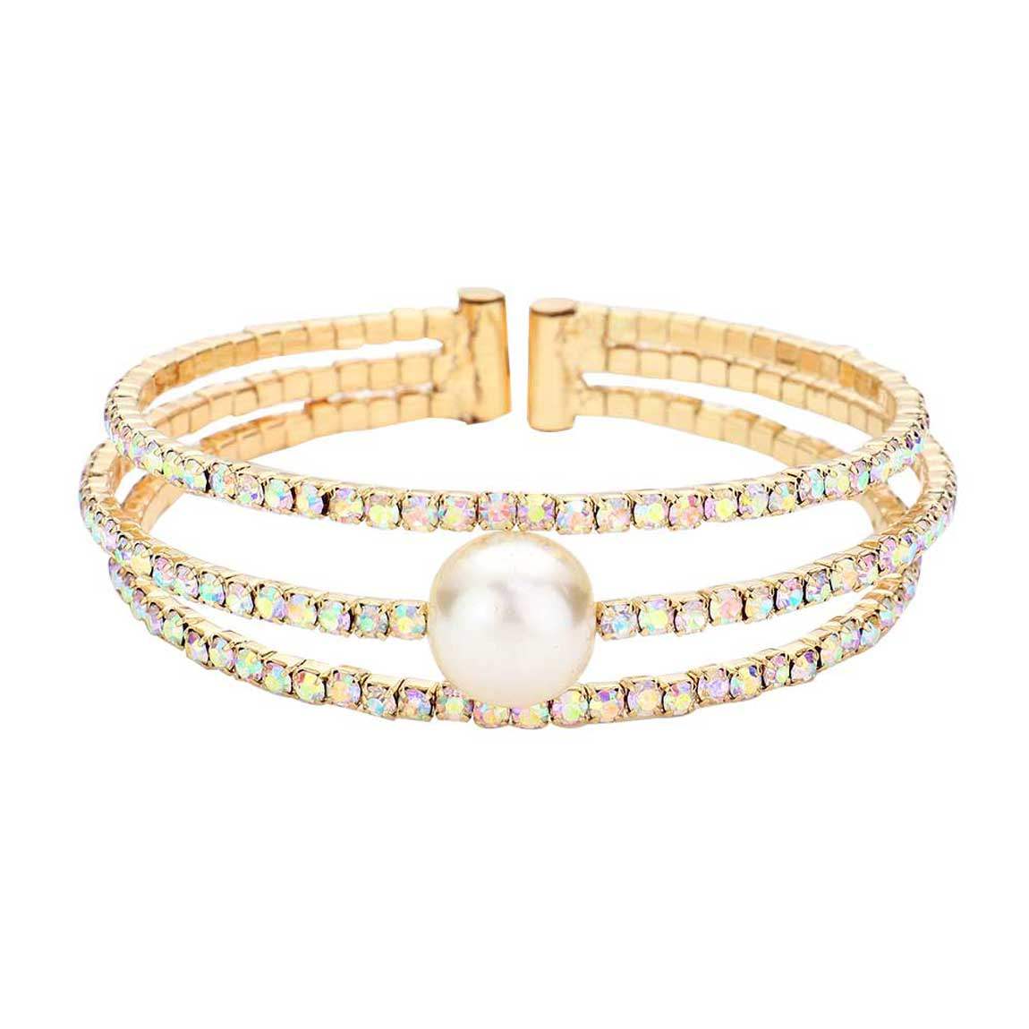 Pearl Accented Split Rhinestone Evening Cuff Bracelet - Madeline Love - Flyclothing LLC
