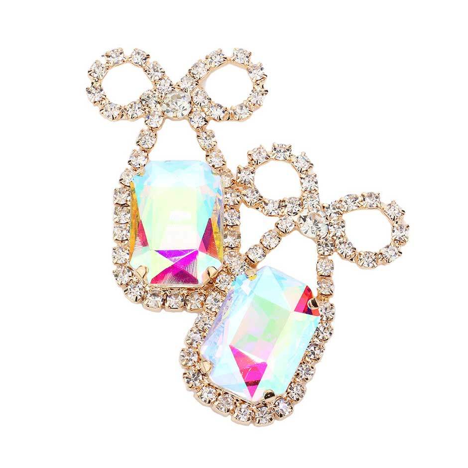 Rhinestone Bow Emerald Cut Stone Evening Earrings - Madeline Love - Flyclothing LLC