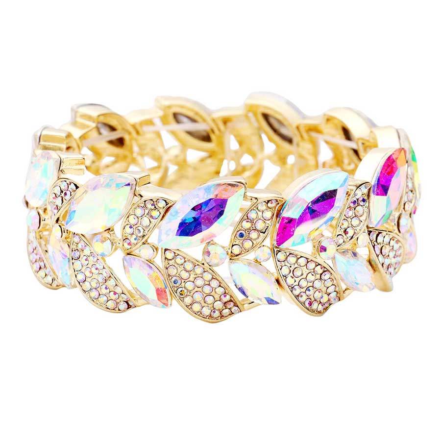 Rhinestone Pave Marquise Stone Leaf Stretch Evening Bracelet - Madeline Love - Flyclothing LLC
