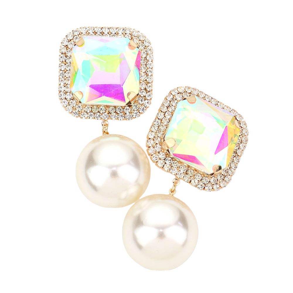 Square Stone Pearl Link Dangle Evening Clip on Earrings - Madeline Love - Flyclothing LLC