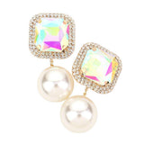 Square Stone Pearl Link Dangle Evening Clip on Earrings - Madeline Love - Flyclothing LLC