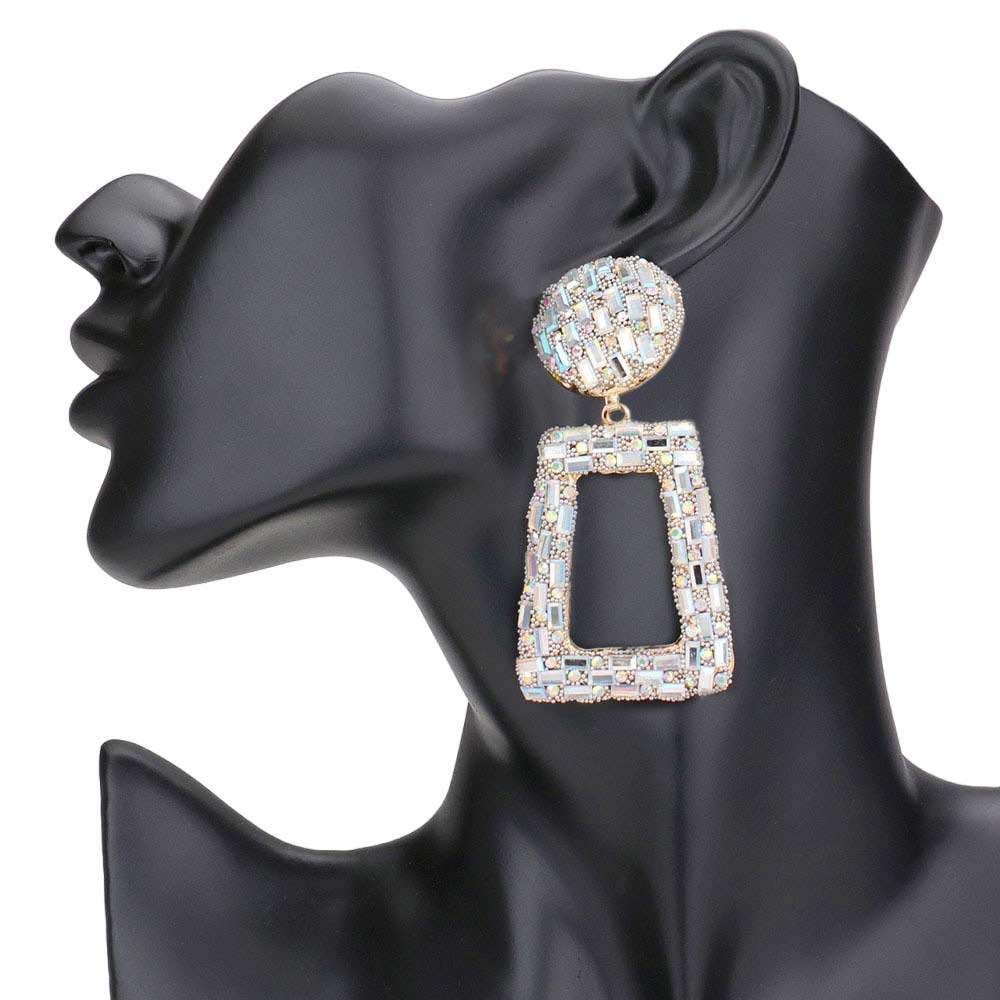 Stone Embellished Chunky Open Rectangle Evening Earrings - Madeline Love - Flyclothing LLC