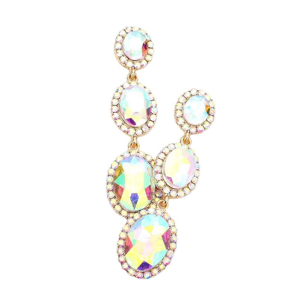 Triple Oval Glass Stone Drop Down Dangle Evening Earrings - Madeline Love - Flyclothing LLC
