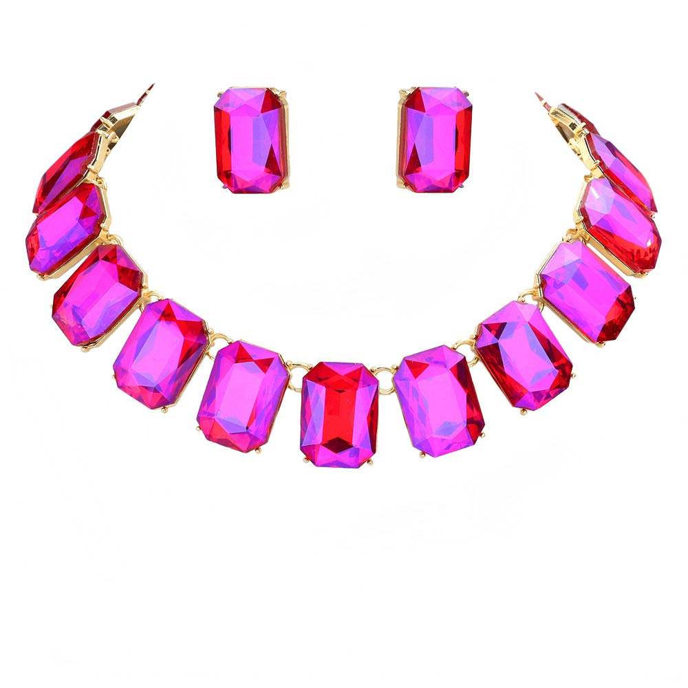 Emerald Cut Stone Link Evening Necklace Earring Set - Madeline Love - Flyclothing LLC