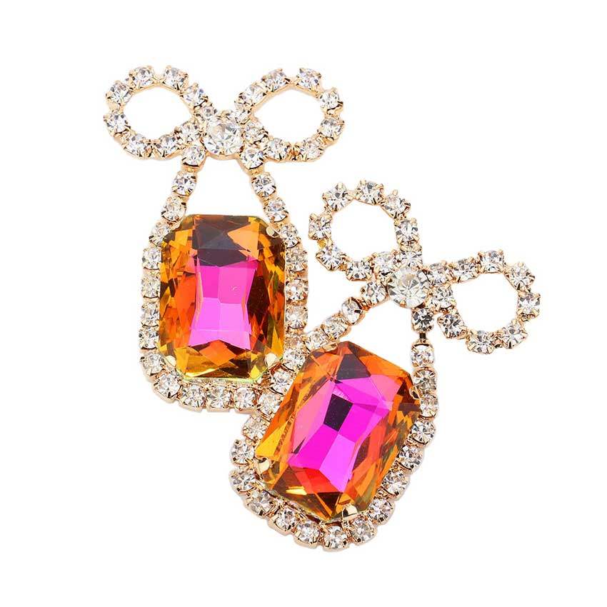 Rhinestone Bow Emerald Cut Stone Evening Earrings - Madeline Love - Flyclothing LLC