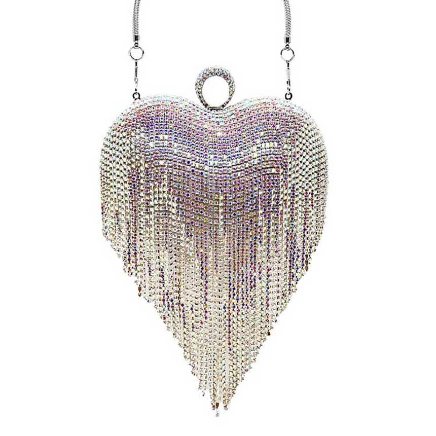 Rhinestone Fringe Heart Evening Tote Clutch Crossbody Bag - Madeline Love - Flyclothing LLC