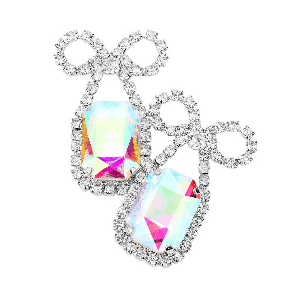 Rhinestone Bow Emerald Cut Stone Evening Earrings - Madeline Love - Flyclothing LLC