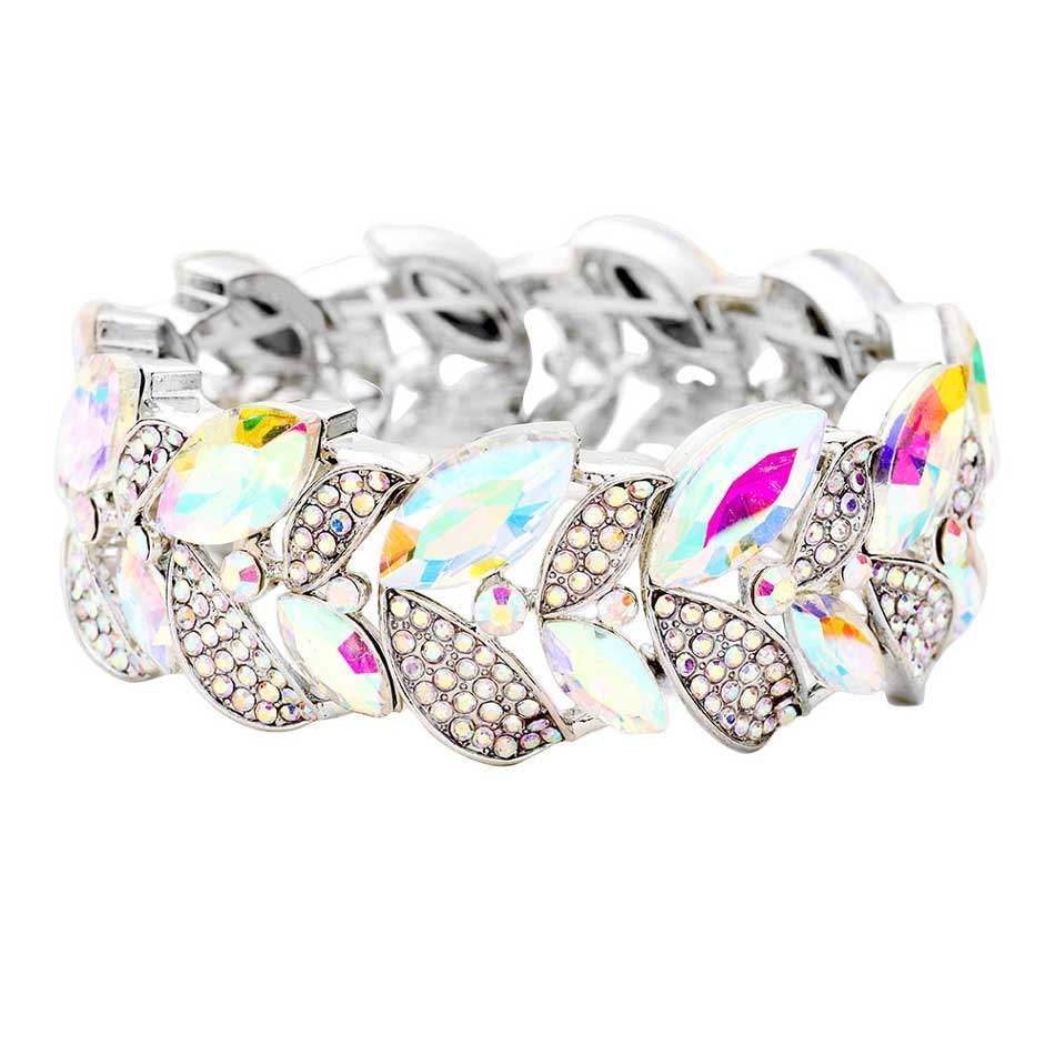 Rhinestone Pave Marquise Stone Leaf Stretch Evening Bracelet - Madeline Love - Flyclothing LLC