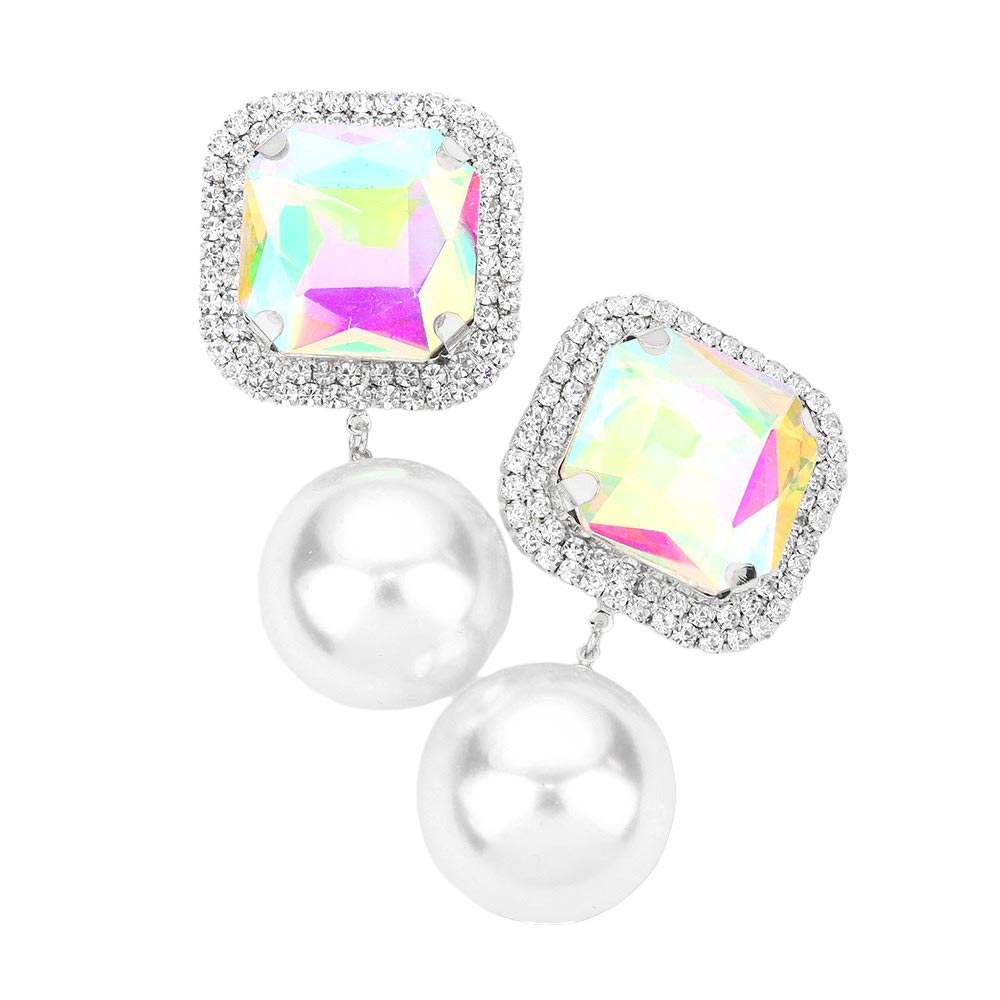 Square Stone Pearl Link Dangle Evening Clip on Earrings - Madeline Love - Flyclothing LLC
