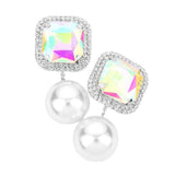 Square Stone Pearl Link Dangle Evening Clip on Earrings - Madeline Love - Flyclothing LLC