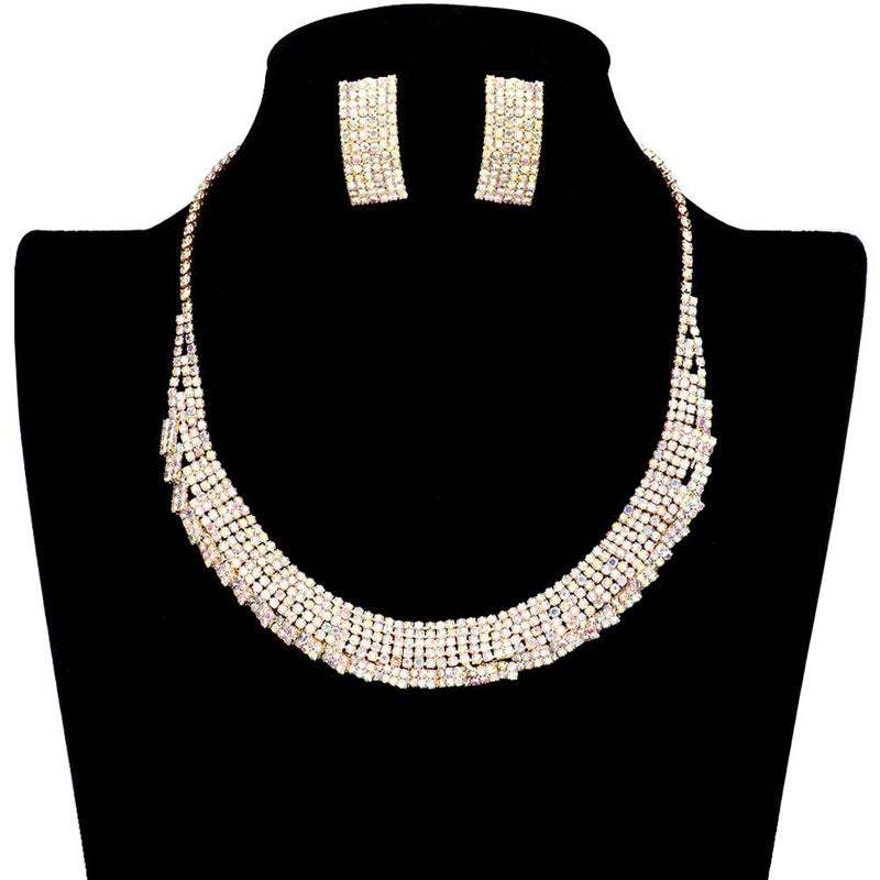Trendy Crystal Rhinestone Pave Collar Necklace Earring Set - Madeline Love - Flyclothing LLC