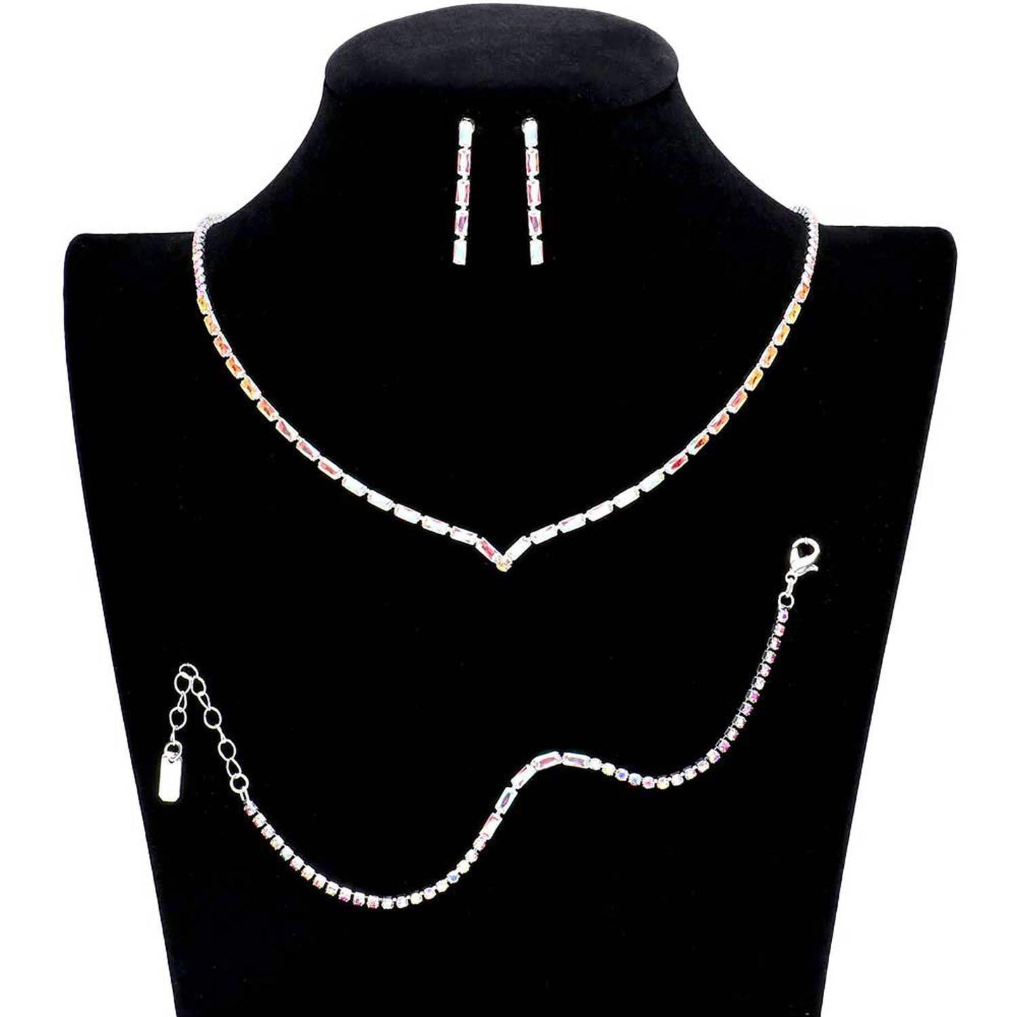3PCS Chevron Accented Rectangle Stone Necklace Jewelry Set - Madeline Love - Flyclothing LLC