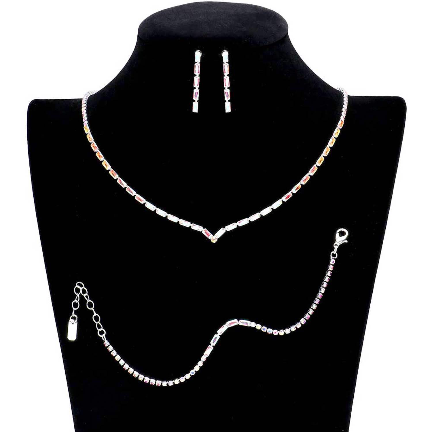 3PCS Chevron Accented Rectangle Stone Necklace Jewelry Set - Madeline Love - Flyclothing LLC