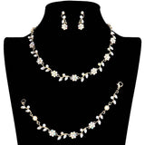 3PCS Flower Leaf Cluster Rhinestone Necklace Jewelry Set - Madeline Love - Flyclothing LLC