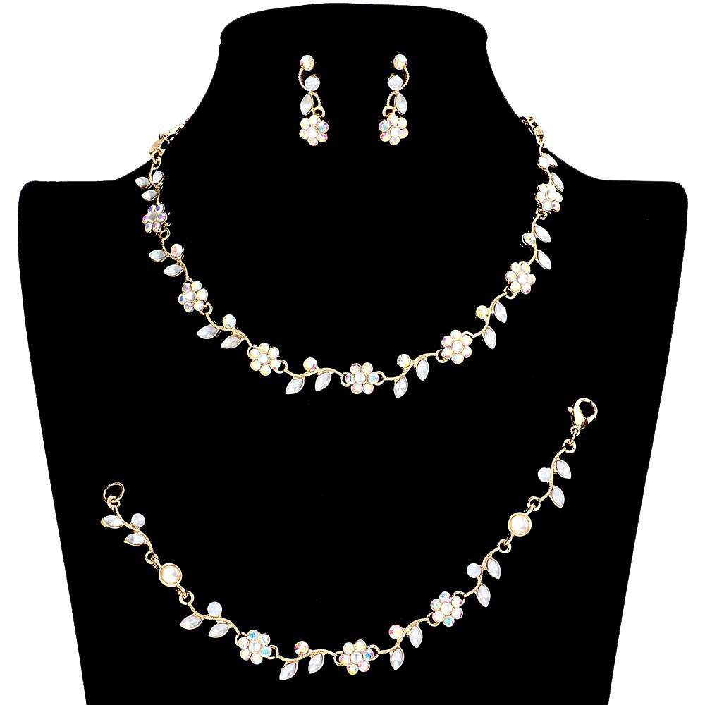 3PCS Flower Leaf Cluster Rhinestone Necklace Jewelry Set - Madeline Love - Flyclothing LLC