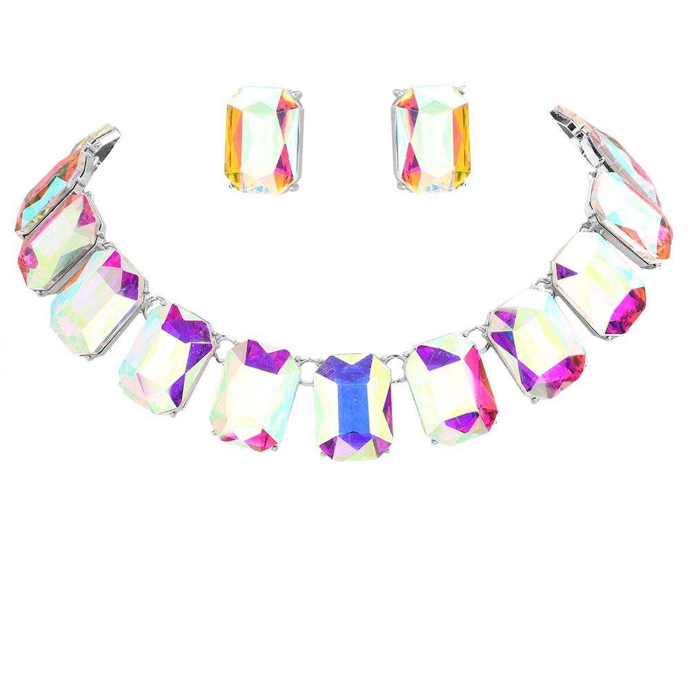 Emerald Cut Stone Link Evening Necklace Earring Set - Madeline Love - Flyclothing LLC