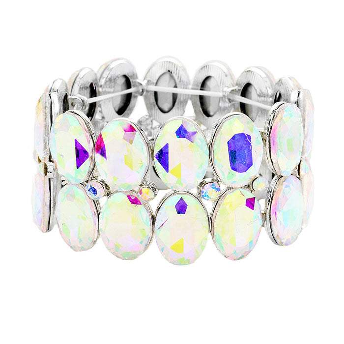 Glass Crystal Oval Stone Cluster Stretch Bracelet - Madeline Love - Flyclothing LLC