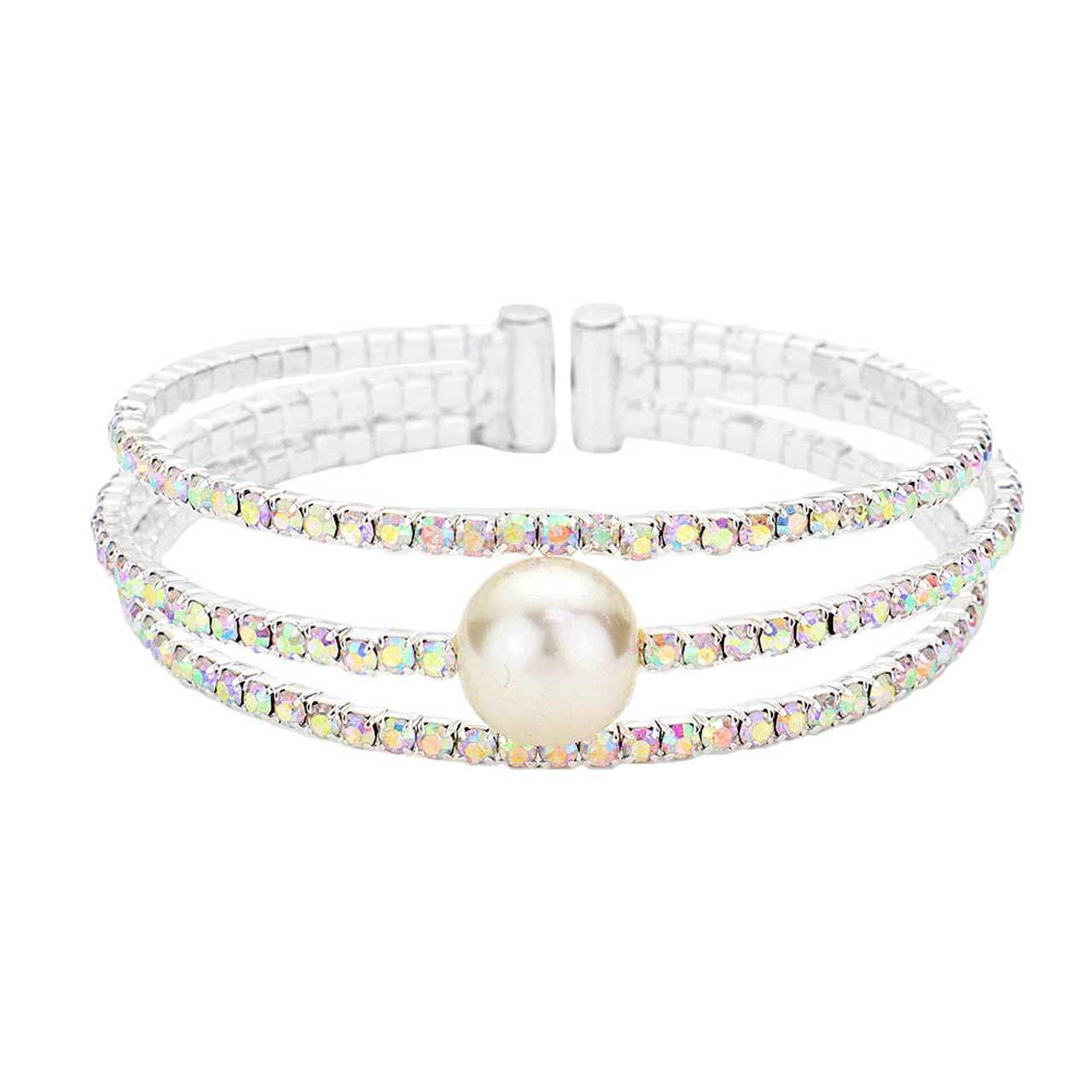 Pearl Accented Split Rhinestone Evening Cuff Bracelet - Madeline Love - Flyclothing LLC