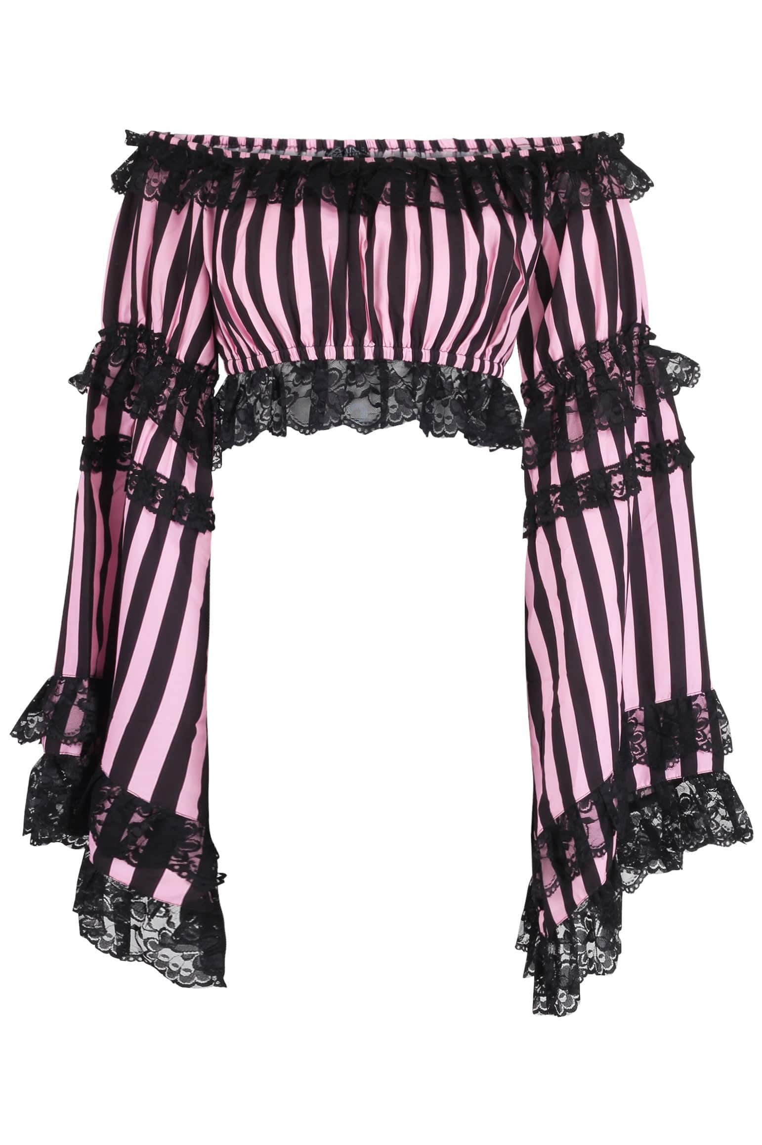 Daisy Corsets Black/Pink Striped Smocked Flare Sleeve Peasant Top - Daisy Corsets - Flyclothing LLC