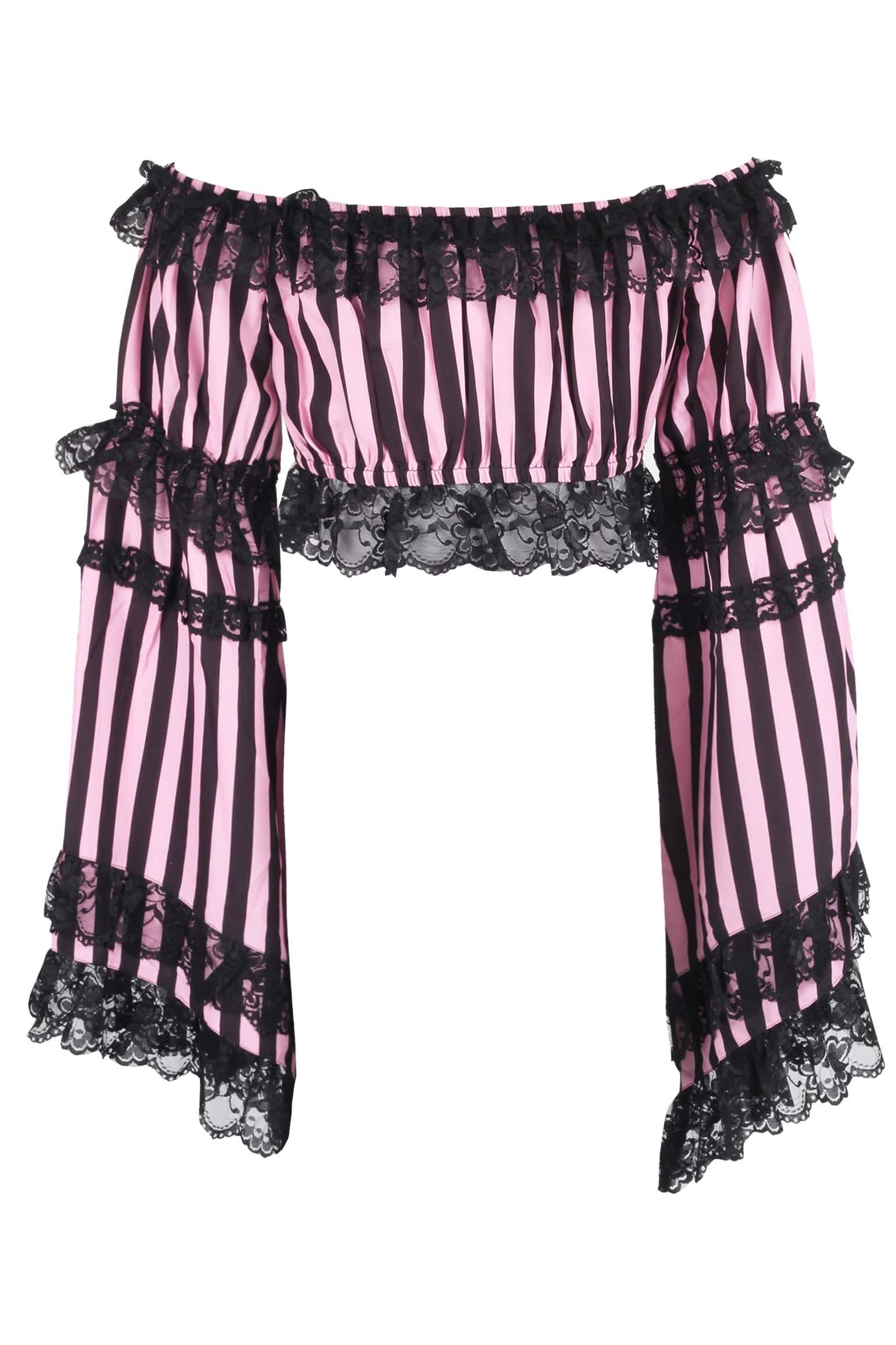 Daisy Corsets Black/Pink Striped Smocked Flare Sleeve Peasant Top - Daisy Corsets - Flyclothing LLC