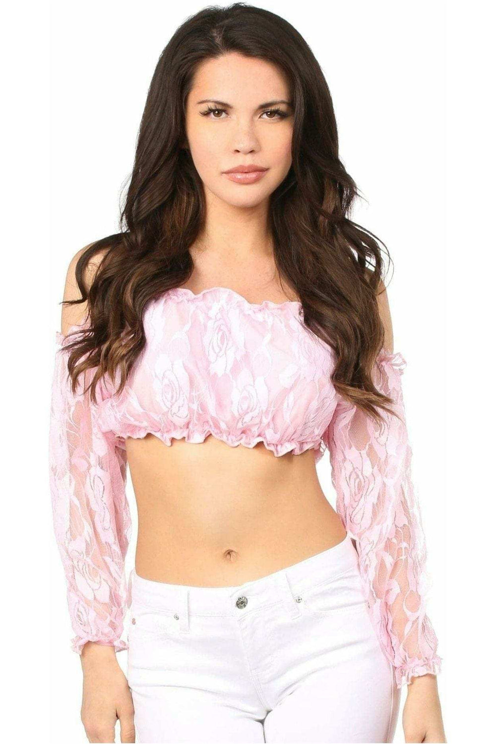 Daisy Corsets Baby Pink Lined Lace Long Sleeve Peasant Top - Daisy Corsets - Flyclothing LLC