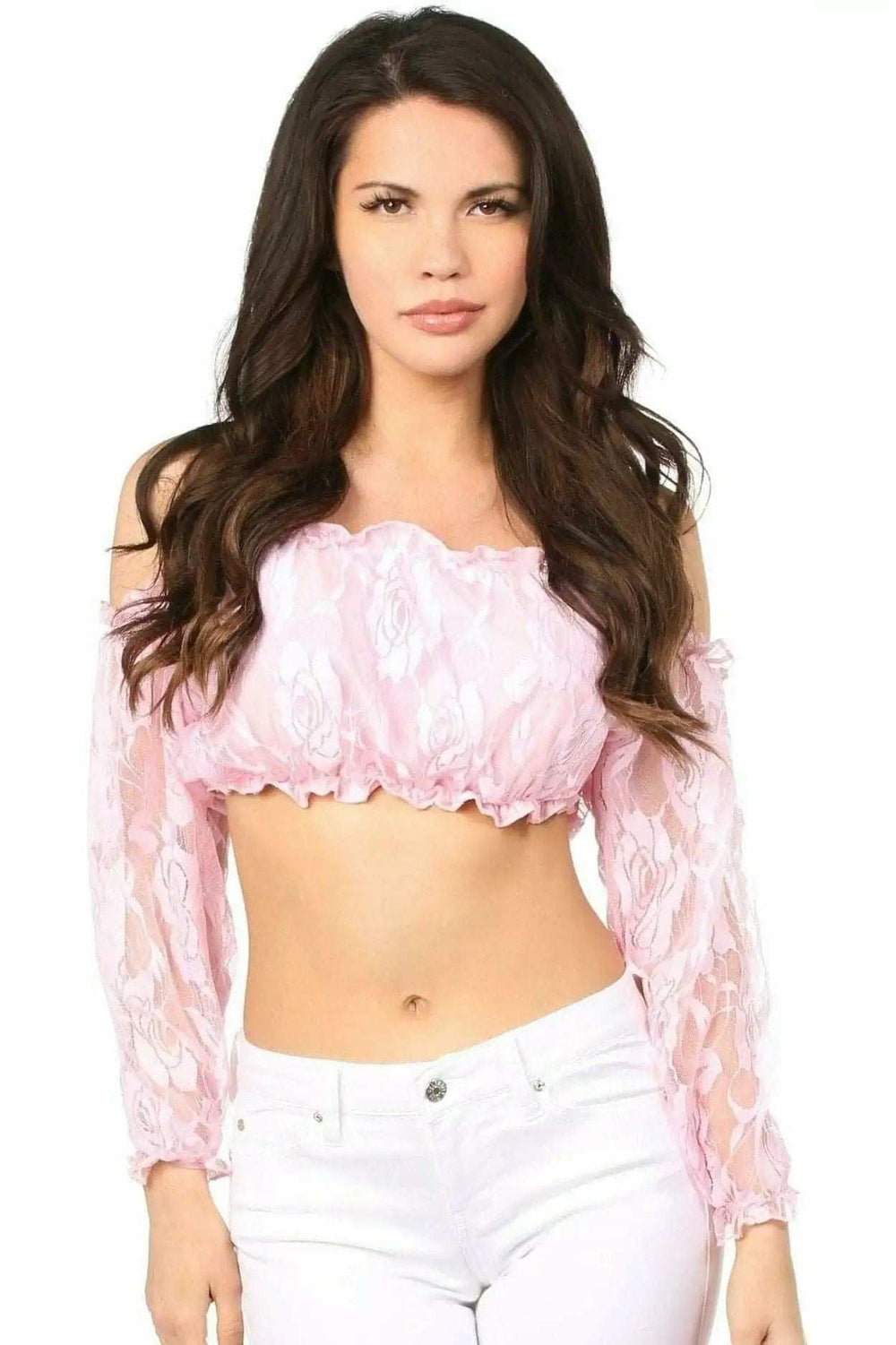 Daisy Corsets Baby Pink Lined Lace Long Sleeve Peasant Top - Daisy Corsets - Flyclothing LLC