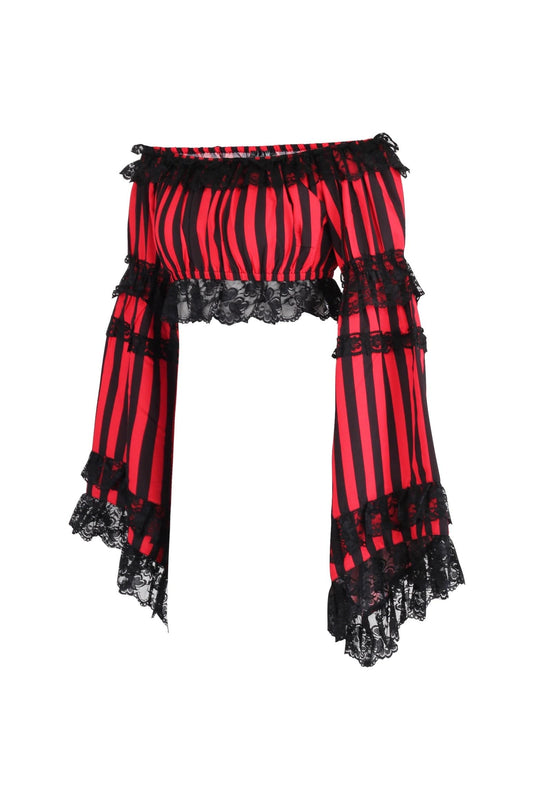 Daisy Corsets Black/Red Striped Smocked Flare Sleeve Peasant Top - Daisy Corsets