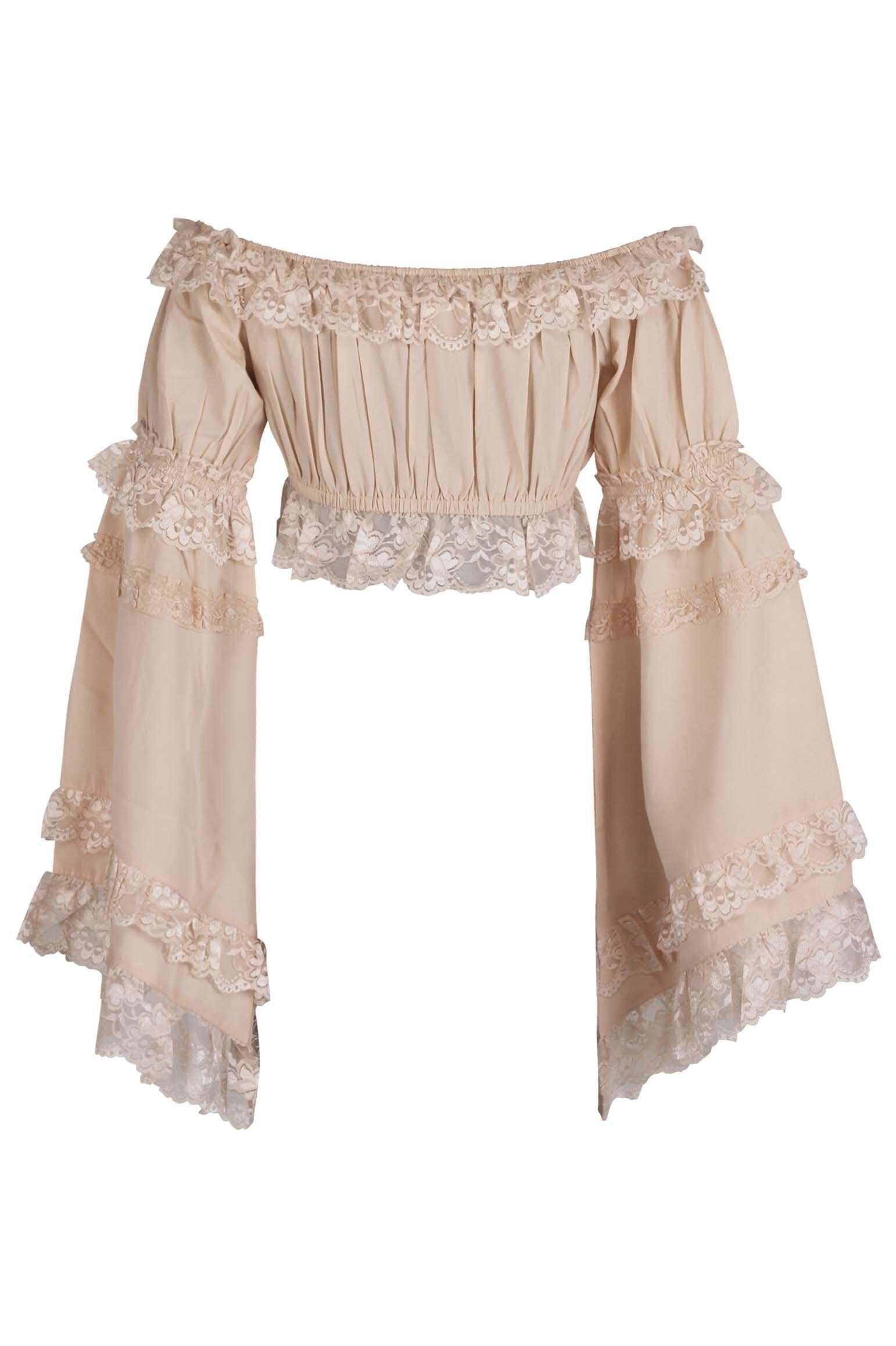 Daisy Corsets Beige Smocked Flare Sleeve Peasant Top - Daisy Corsets