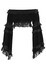 Daisy Corsets Black Velvet Smocked Flare Sleeve Peasant Top - Daisy Corsets - Flyclothing LLC