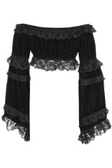 Daisy Corsets Black Velvet Smocked Flare Sleeve Peasant Top - Daisy Corsets - Flyclothing LLC