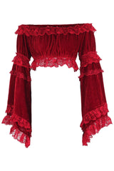Daisy Corsets Dark Red Velvet Smocked Flare Sleeve Peasant Top - Daisy Corsets - Flyclothing LLC