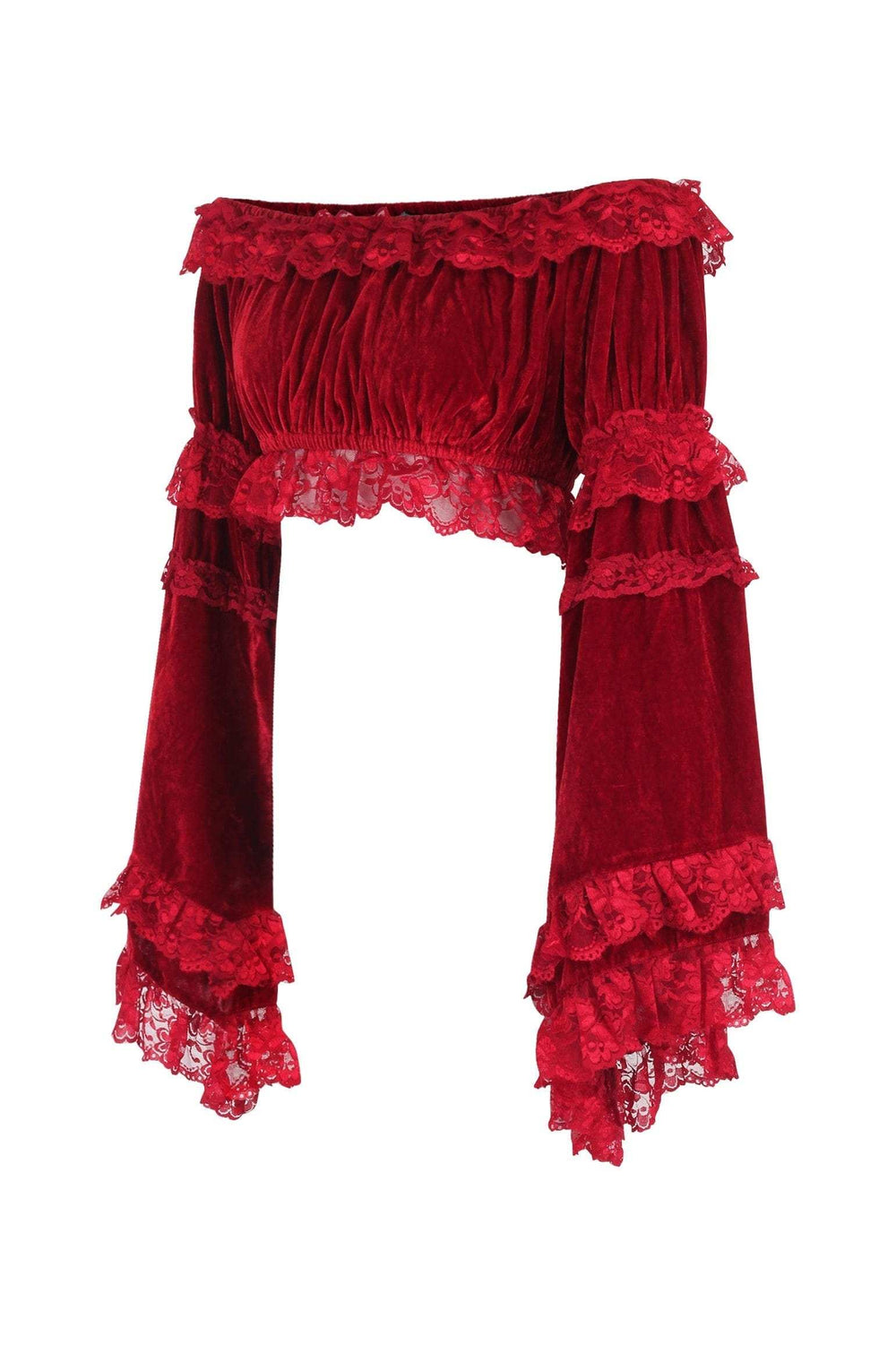 Daisy Corsets Dark Red Velvet Smocked Flare Sleeve Peasant Top - Daisy Corsets - Flyclothing LLC