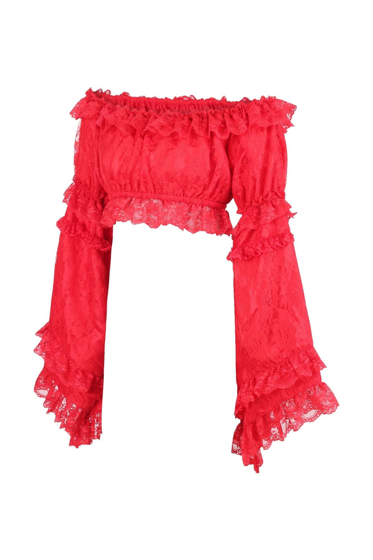Daisy Corsets Red Lace Smocked Flare Sleeve Peasant Top - Daisy Corsets - Flyclothing LLC