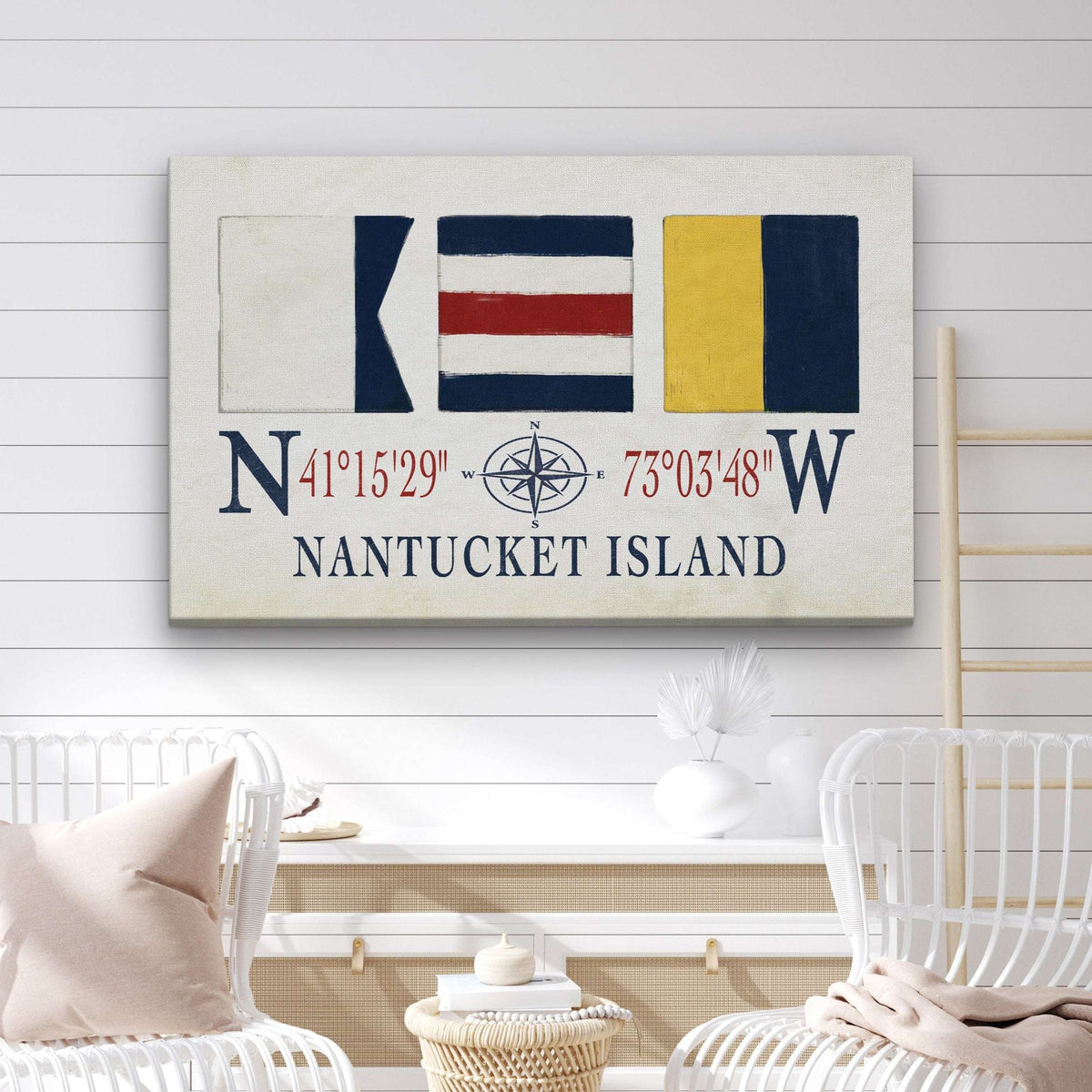 Nantucket Sign With Latitude Longitude Coordinates and ACK Maritime Flags - Off The Square Designs - Flyclothing LLC