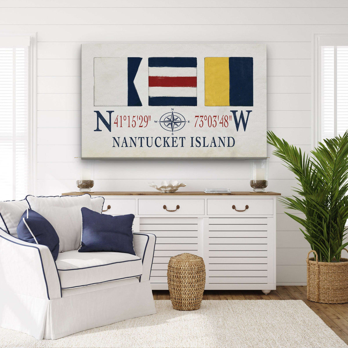 Nantucket Sign With Latitude Longitude Coordinates and ACK Maritime Flags - Off The Square Designs - Flyclothing LLC