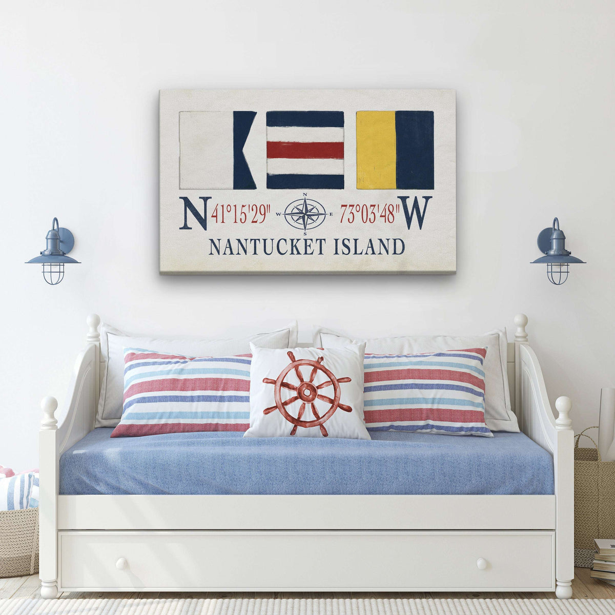 Nantucket Sign With Latitude Longitude Coordinates and ACK Maritime Flags - Off The Square Designs - Flyclothing LLC