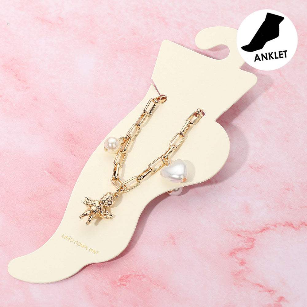 Heart Pearl Metal Bow Angel Balloon Dog Charm Station Paperclip Chain Anklet - Madeline Love - Flyclothing LLC