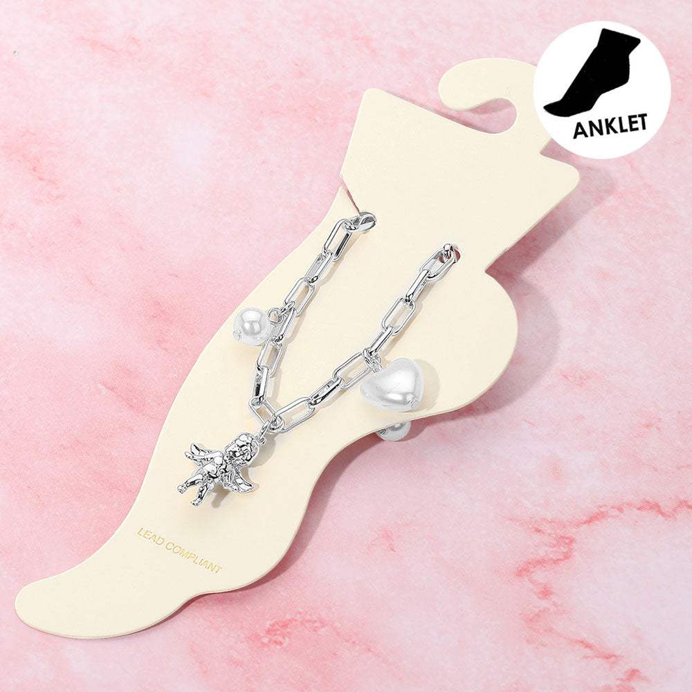 Heart Pearl Metal Bow Angel Balloon Dog Charm Station Paperclip Chain Anklet - Madeline Love - Flyclothing LLC