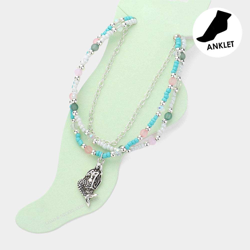 Mermaid Charm Seed Beads Faceted Beads Beaded Triple Layered Anklet - Madeline Love - Flyclothing LLC