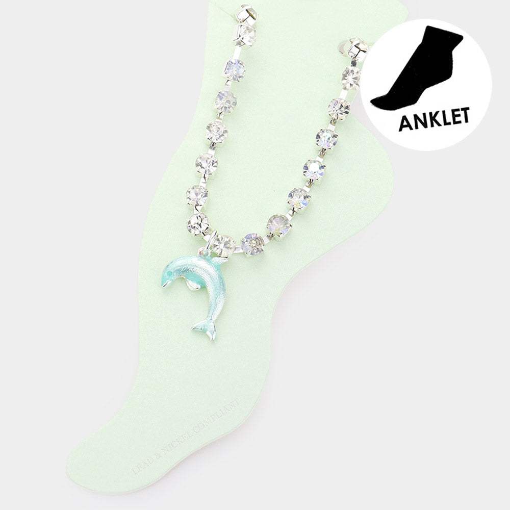 Enamel Dolphin Charm Round Stone Anklet - Madeline Love - Flyclothing LLC