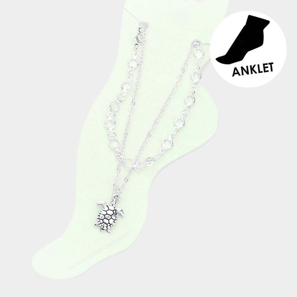Metal Turtle Charm Round Bead Link Double Layered Anklet - Madeline Love - Flyclothing LLC