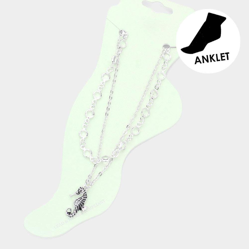 Metal Seahorse Charm Round Bead Link Double Layered Anklet - Madeline Love - Flyclothing LLC