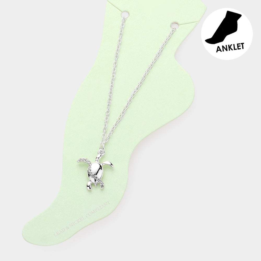 Rhinestone Embellished Metal Turtle Charm Anklet - Madeline Love - Flyclothing LLC