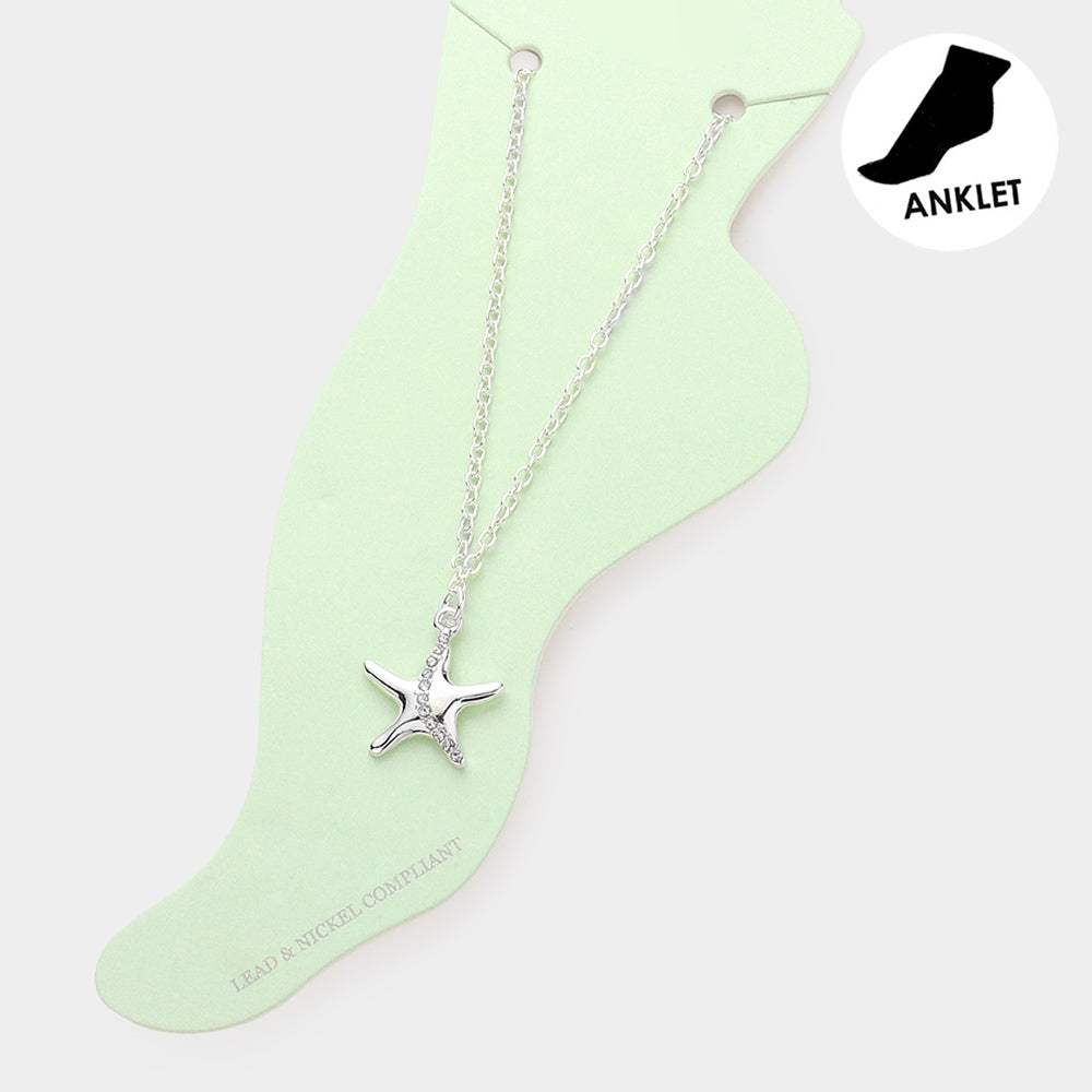 Rhinestone Embellished Metal Starfish Charm Anklet - Madeline Love - Flyclothing LLC