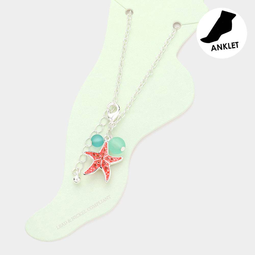 Rhinestone Embellished Enamel Starfish Charm Anklet - Madeline Love - Flyclothing LLC
