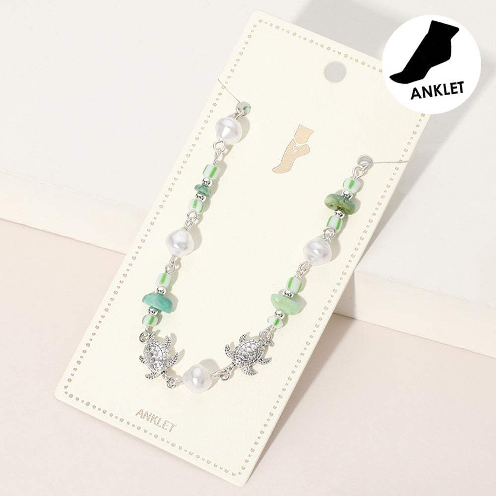 Metal Sea Turtle Pearl Beaded Anklet - Madeline Love - Flyclothing LLC